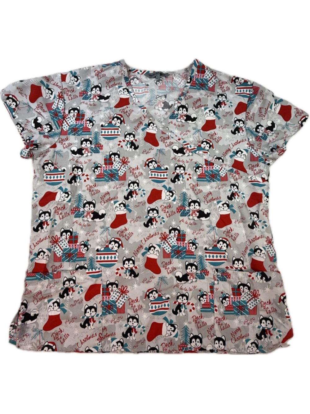 Wear For Care Christmas Husky Dog Scrub Top Women’s Large Holiday Nurse Vet CNA